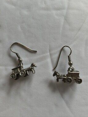 Silver Vintage Style Horse Drawn Carriage Dangle Earrings 3D Western